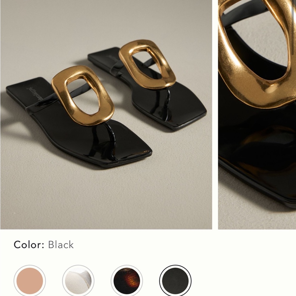 Jeffrey Campbell Black Patent Square-Toe Toe-Post Sandal with Gold Buckle